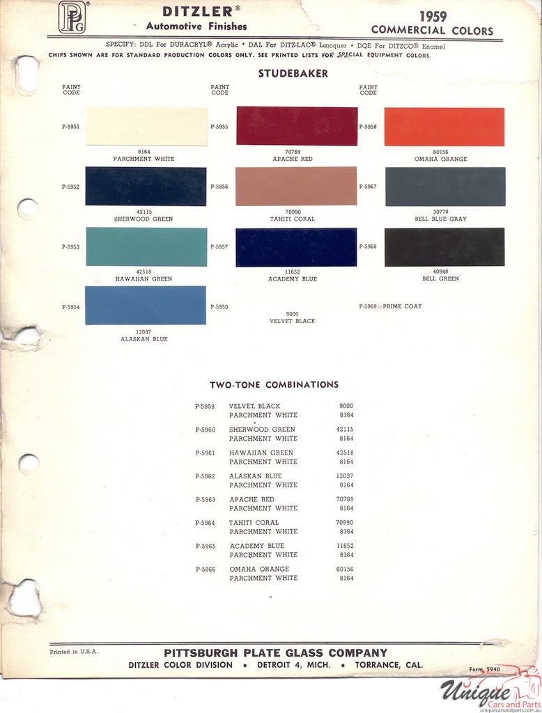 1959 Studebaker Truck Paint Charts PPG